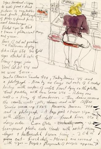 Sketch of a woman seated at a diner counter with signs above. Handwritten text by Geltner tight…