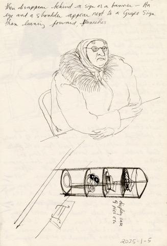 Sketch of an older person in a fur-collared coat, below this main sketch, there is a drawing of…