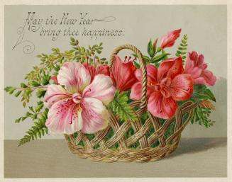 The card pictures a basket of pink flowers against a beige background.