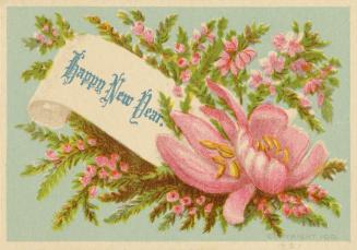The card pictures pink flowers against a blue backdrop.