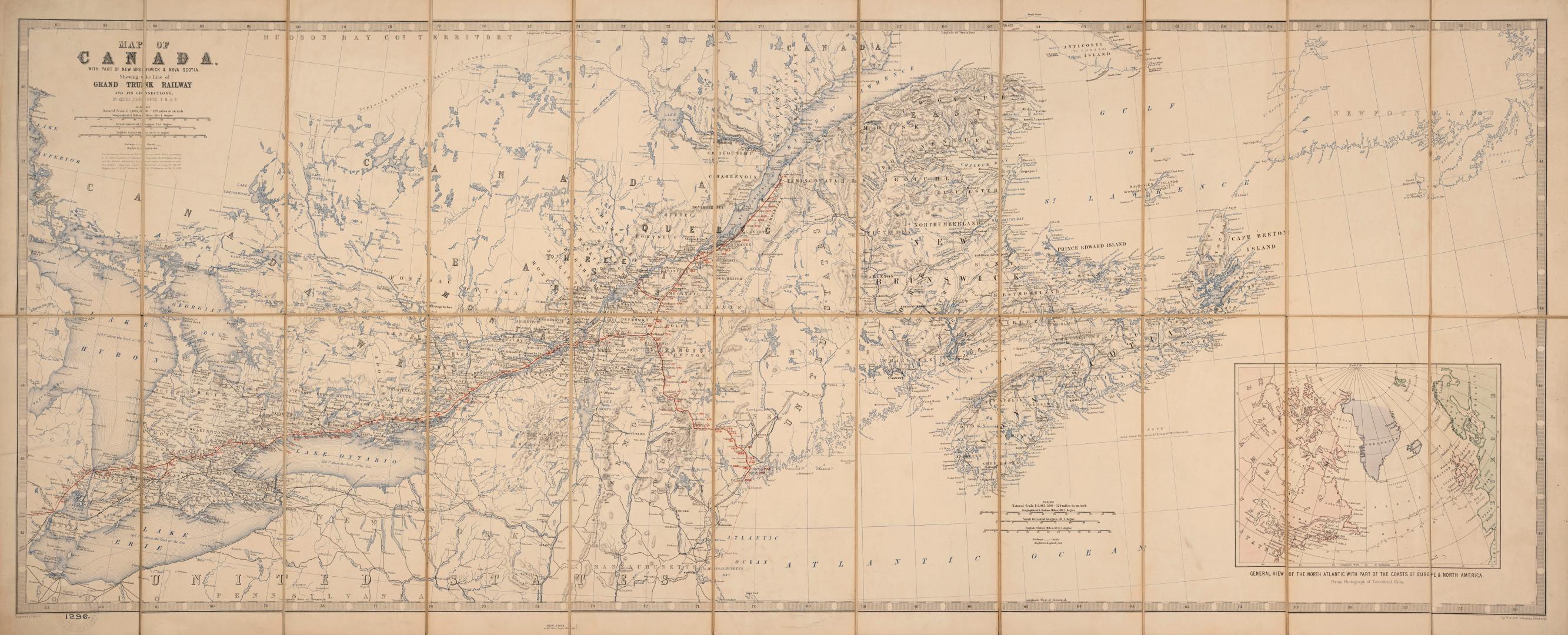 Map of Canada with part of New Brunswick & Nova Scotia shewing the line of Grand Trunk Railway and its connections 