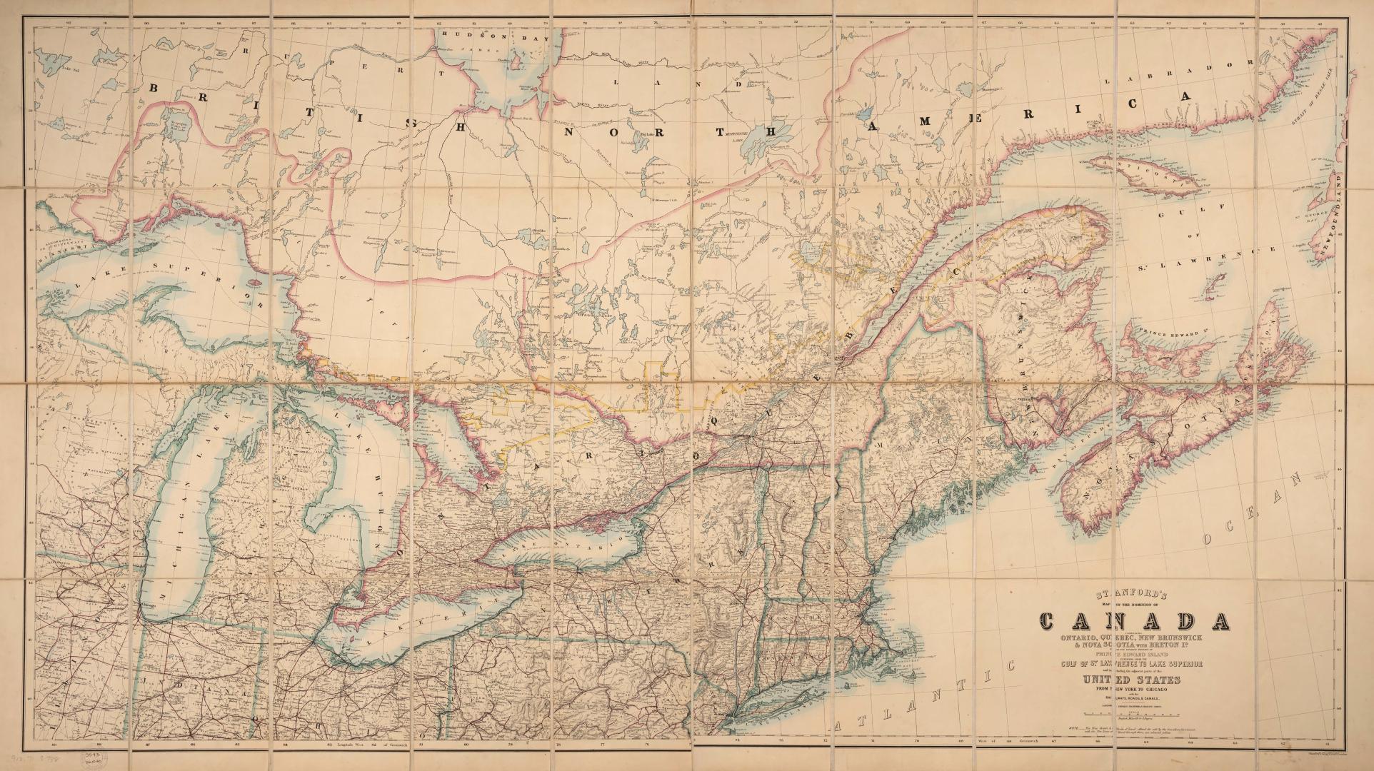Stanford's map of the Dominion of Canada, comprising Ontario, Québec, New Brunswick & Nova Scotia with Breton Id. also the separate province of Prince Edward Island extending from the Gulf of St. Lawrence to Lake Superior and including the adjacent parts of the United States from New York to Chicago with the railways, roads & canals 