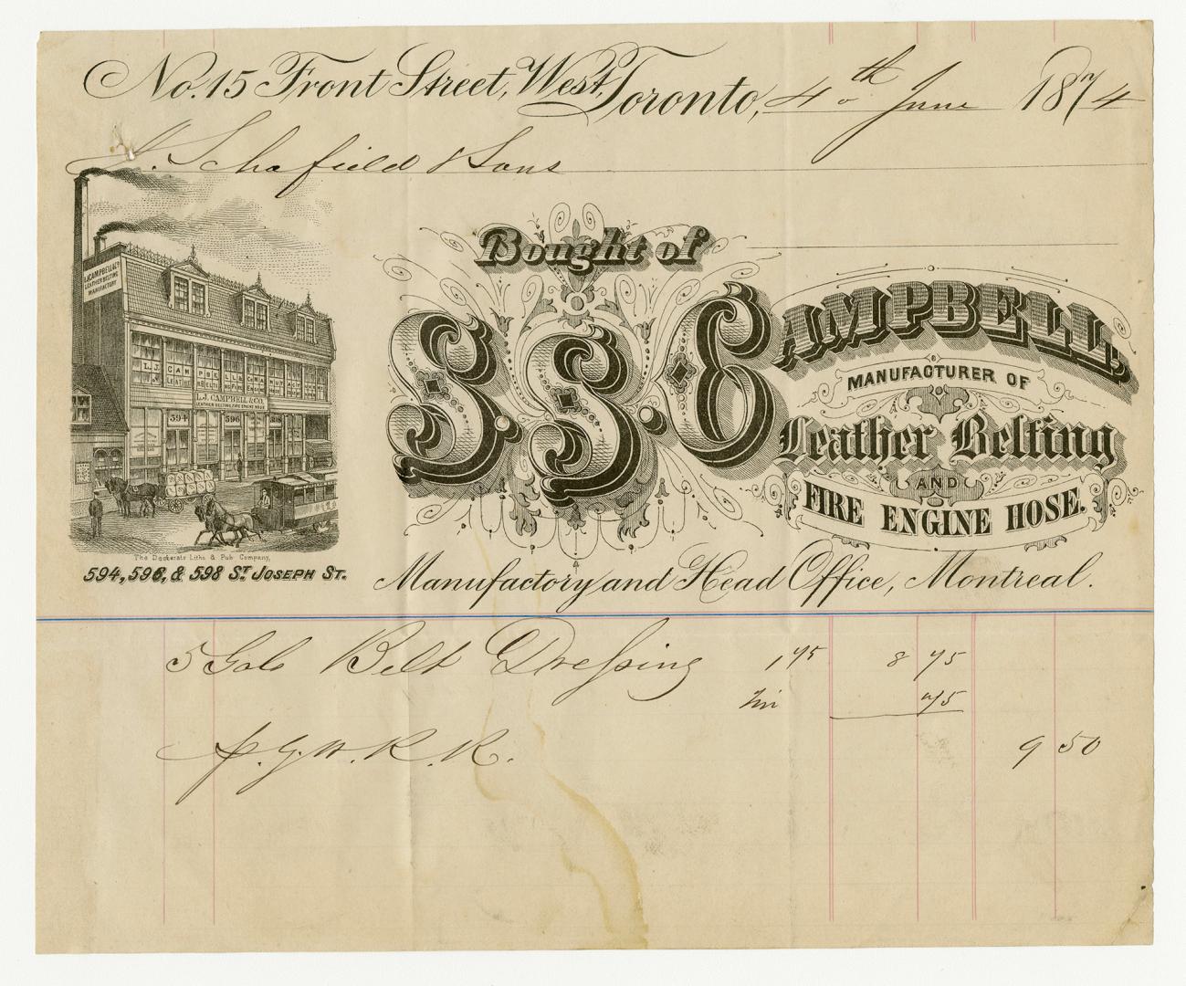 Bought of S.S. Campbell. Manufacturer of Leather Belting and Fire Engine Hose.