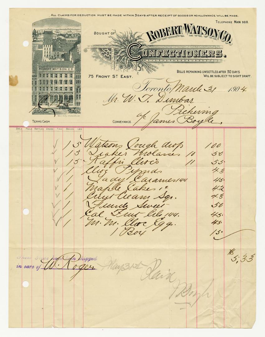 Bought of Robert Watson Co. Confectioners. 