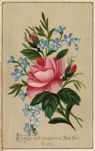 The card pictures large pink and small blue flowers against a beige background.