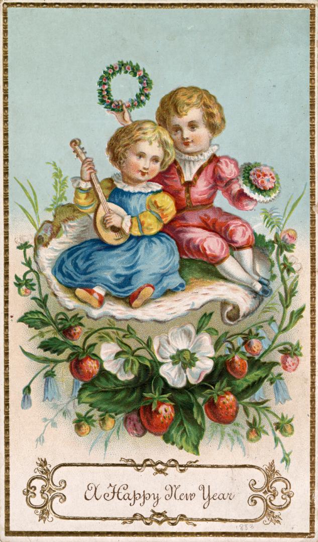 The card pictures a boy and girl surrounded by flowers and strawberries. The girl is playing a …