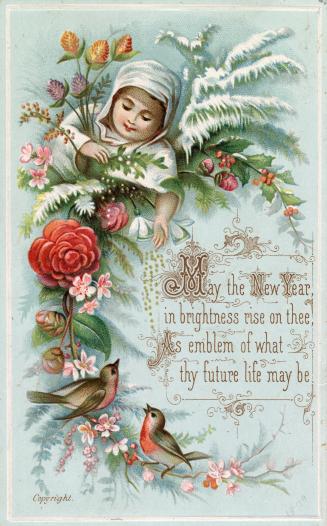 The top left portion of the card pictures the head and arms of a young person dressed in white …