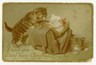 The card pictures three cats and a large handbag or small piece of luggage. The two tabby cats …