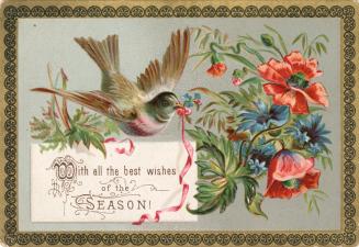 The card pictures a bird in flight with a pink ribbon in its beak. Red and blue flowers decorat…