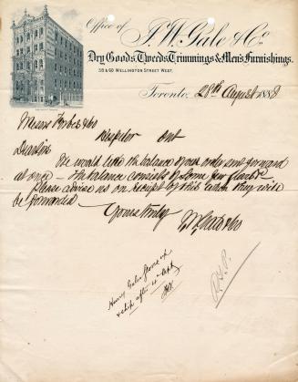 Office of J.W. Gale & Co. Dry Goods, Tweeds, Trimmings & Men’s Furnishings.