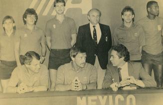 Canadian Soccer players and team officials line up for a meeting with the press after the 1986 World Cup team arrive in Mexico