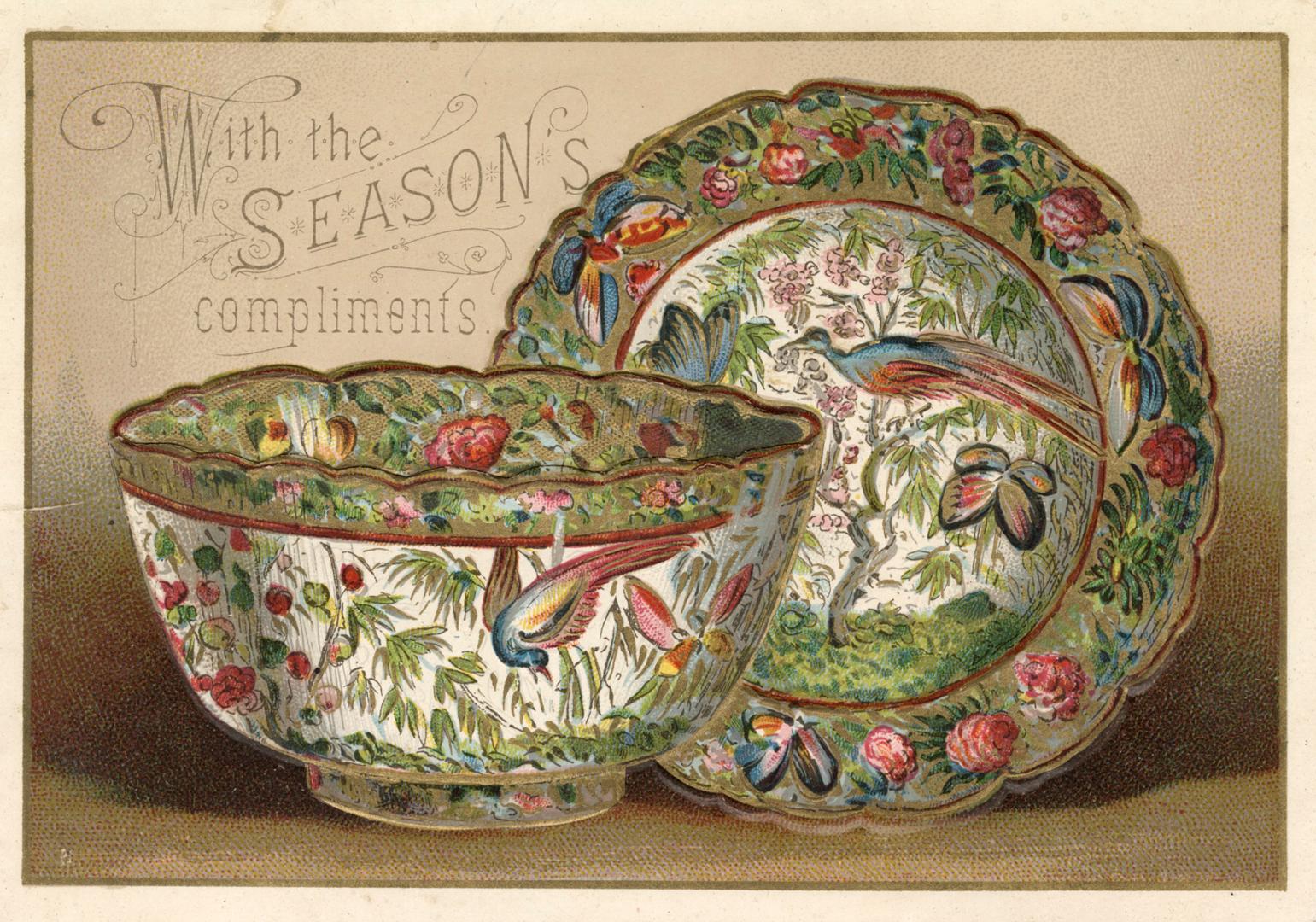 The card pictures a matching plate and bowl. They have colourful pictures of birds, butterflies…