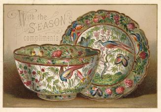 The card pictures a matching plate and bowl. They have colourful pictures of birds, butterflies…