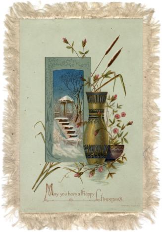 The card's central image pictures stairs leading up to a small gazebo on a snowy hill. It is su…