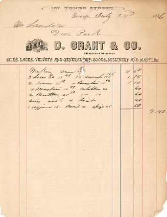 Bought of D. Grant & Co. Importers & Dealers in Silks, Laces, Velvets and General Dry Goods, Millinery and Mantles.