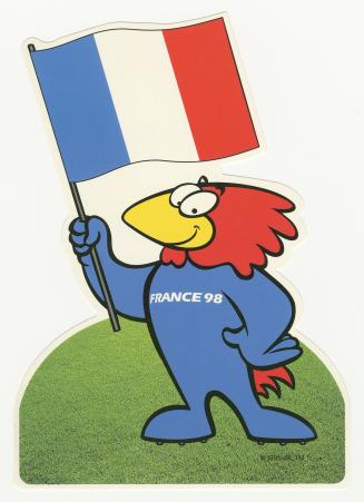 Bird in soccer shoes on green lawn holding up French tri-colour flag. 
