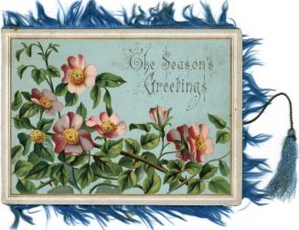 The card pictures pink flowers with leaves and thorny stems against a blue background. The card…