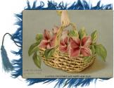 The back of card pictures a basket of pink flowers in someone's hand and reads "A joyous Christ…