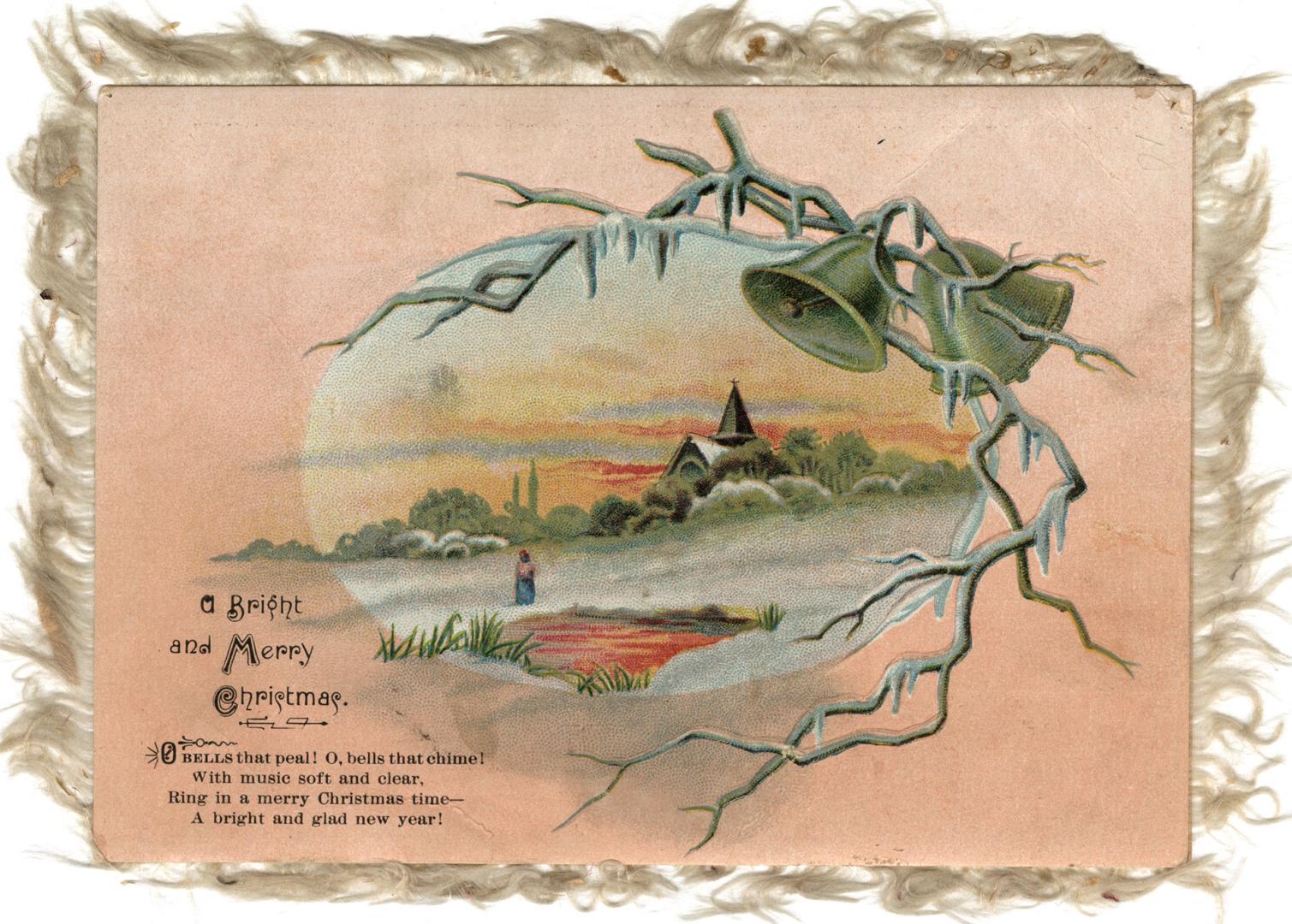 A pale pink background with an oval image at its centre. A snowy field with a church in the dis…
