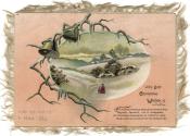 Back of card contains a pale pink background with an oval image at its centre. A snowy field wi…