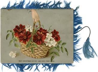 The front of the card pictures a hand holding a basket of red and white flowers. The card has a…