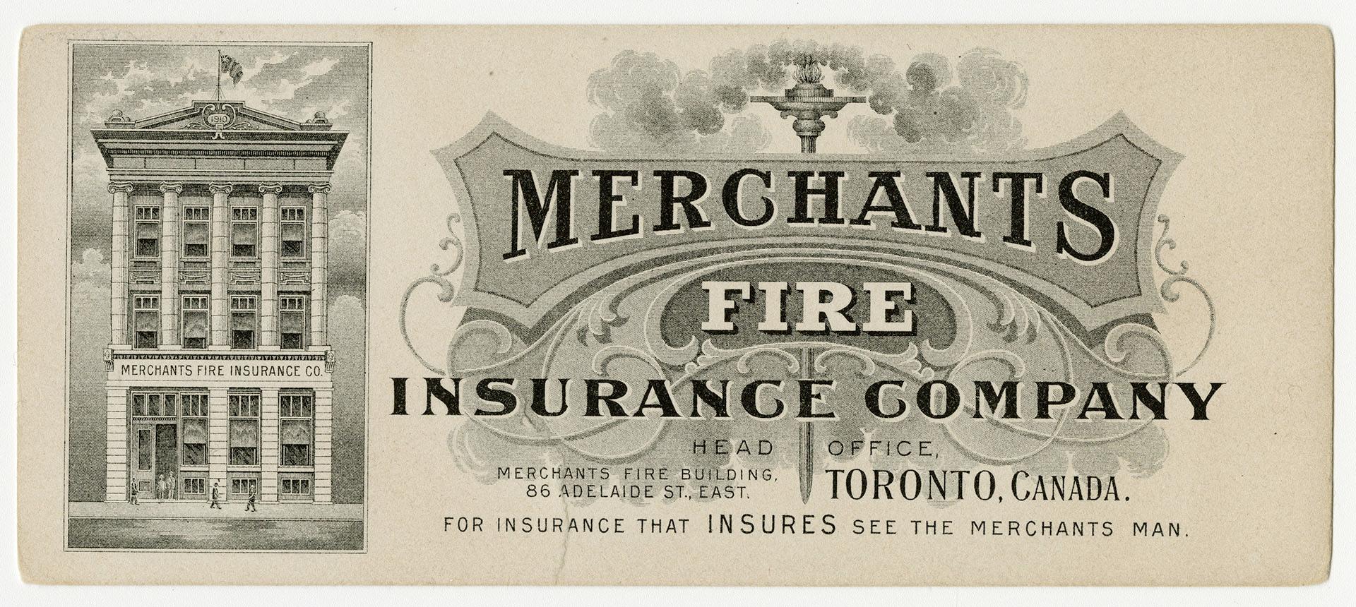 Illustrated image of the exterior façade of the Merchants Fire Insurance Company building on Ad…