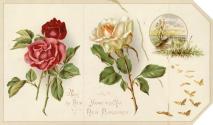 Card contains pictures of pink and white roses, a New Year's message, butterflies, and a small …