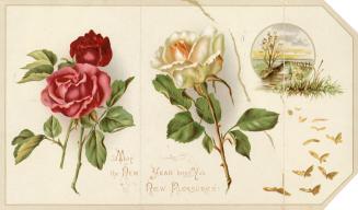 Card contains pictures of pink and white roses, a New Year's message, butterflies, and a small …