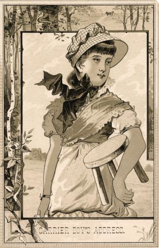The front of the card shows a sepia toned image of a girl holding a footstool. An open field is…