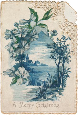 The card pictures a pastoral image rendered in shades of blue. A river and trees are in the for…