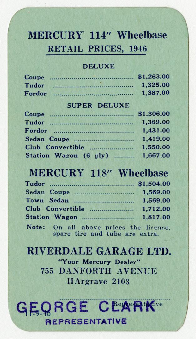 Mercury 114" Wheelbase retail prices 1946