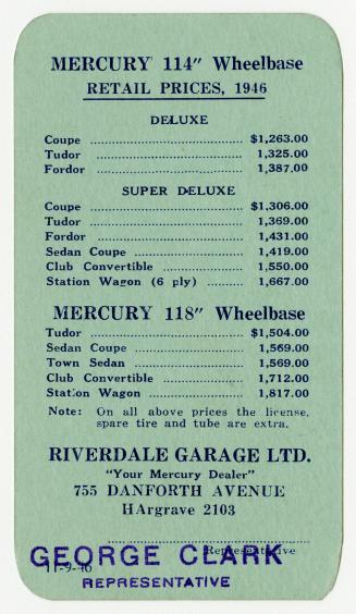 Mercury 114" Wheelbase retail prices 1946