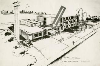 Drawing of 1960s public school building. 