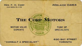 A business card stating "The Corp Motors// Motor Valve Experts// Tune Up Specialists" with the …