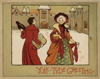 The front of the card pictures a man and woman in old fashioned clothes, passing each other in …