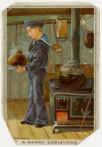 A young man in blue clothes and a blue hat stands in a room next to a wood burning stove. He is…