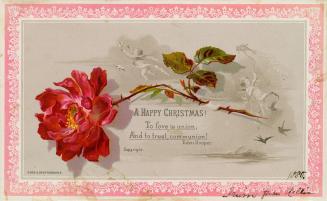 The card pictures a pink flower, it's stem, leaves, and thorns. The background is grey and fain…