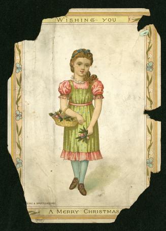 The card pictures a girl wearing a green and pink dress. She is holding a basket and a bouquet …