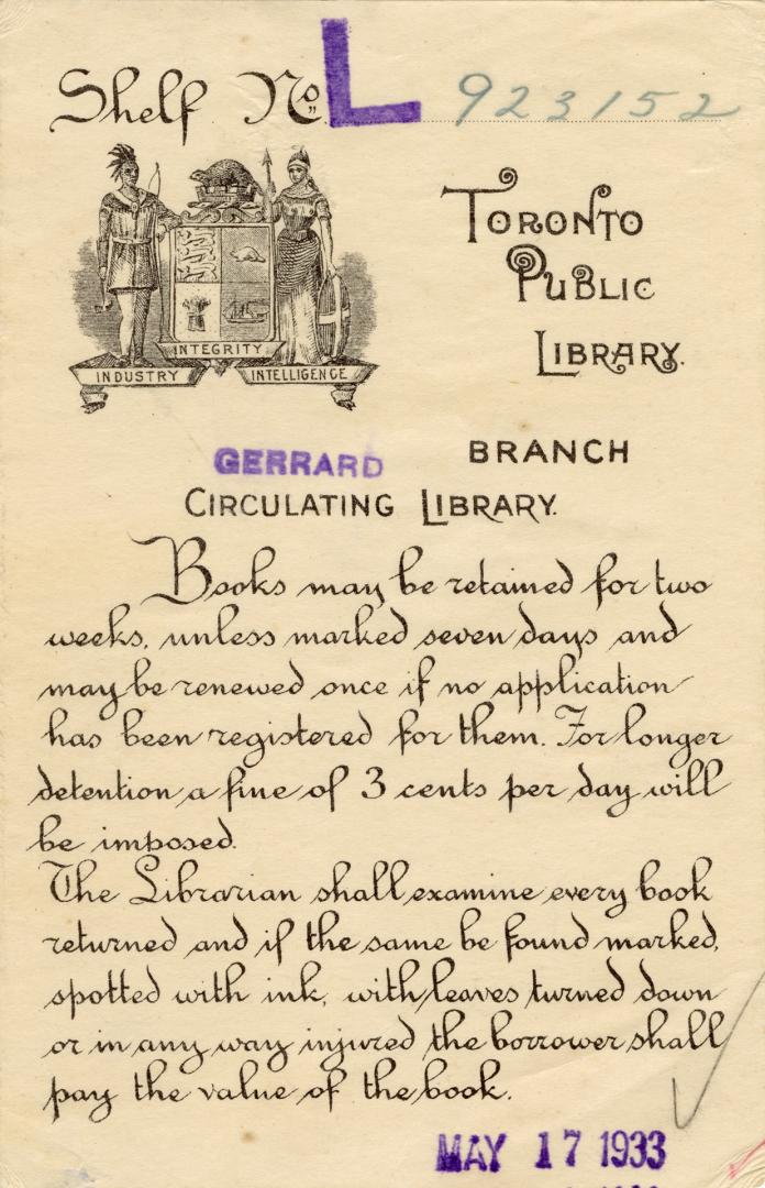 A Toronto Public Library circulation slip from Gerrard Branch depicting the coat of arms of the…