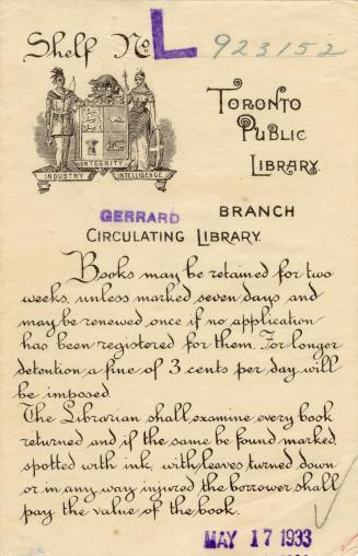 A Toronto Public Library circulation slip from Gerrard Branch depicting the coat of arms of the…