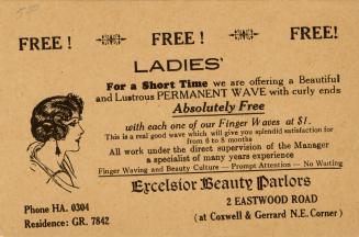 An advertising card for Excelsior Beauty Parlors stating "Free! Free! Free! Ladies' For a Short…