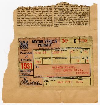 A Motor Vehicle Permit certificate issued by the Province of Ontario in 1931 to Vernon Clapp of…