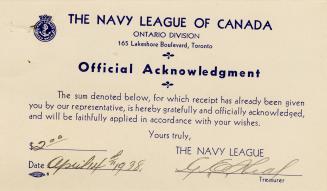 A receipt card stating "The Navy League of Canada// Ontario Division// Official Acknowledgement…