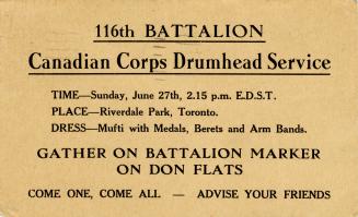A postcard invitation stating "116th Battalion// Canadian Corps Drumhead Service" - an invitati…