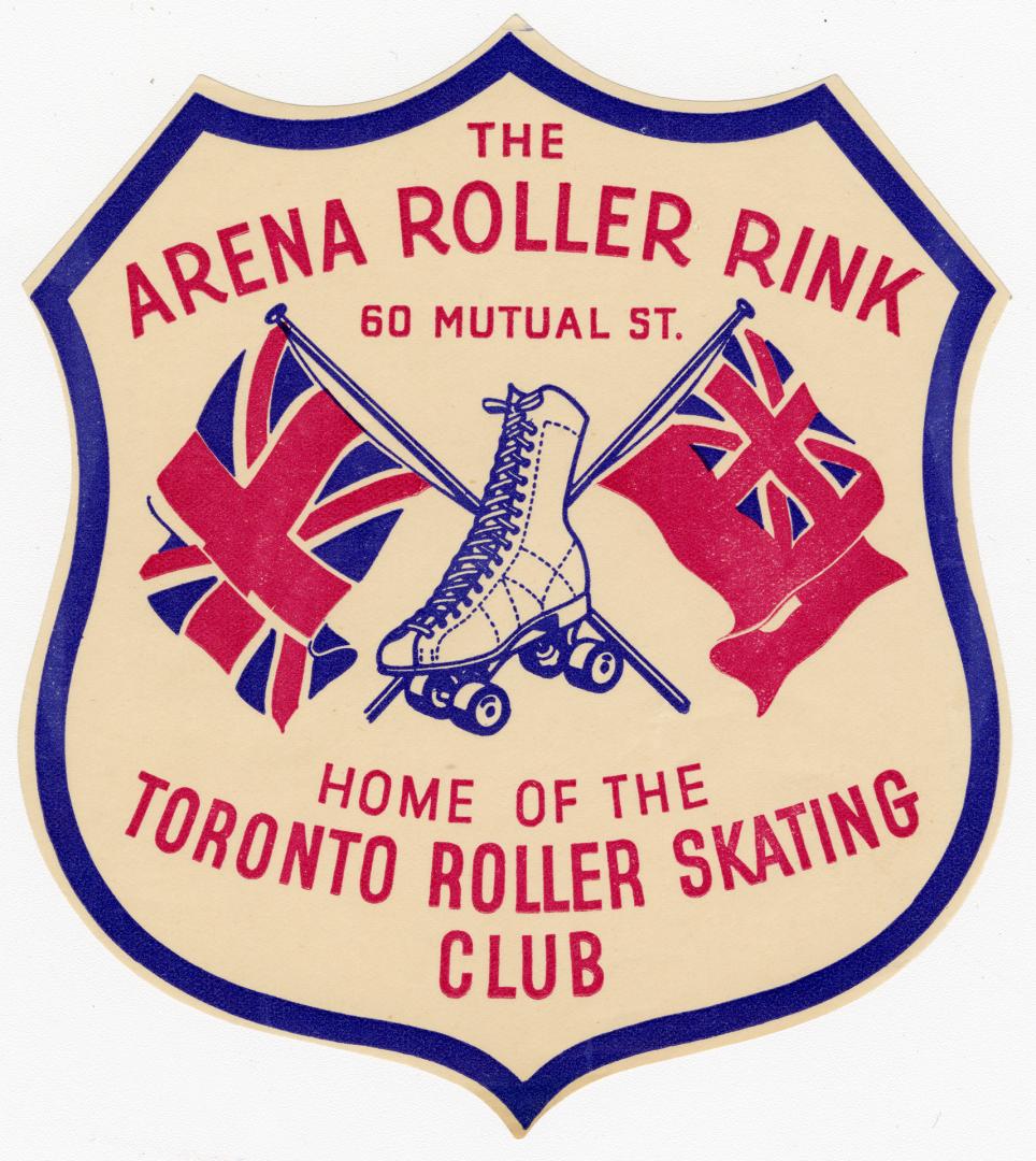 A cut-out emblem of the Arena Roller Rink, Home of the Toronto Roller Skating Club, in red and …