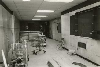 Picture of interior of empty store with a few shopping carts and empty display cases. 