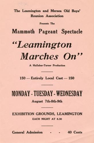 A pink advertising flyer titled "The Leamington and Mersea Old Boys' Reunion Association Presen…