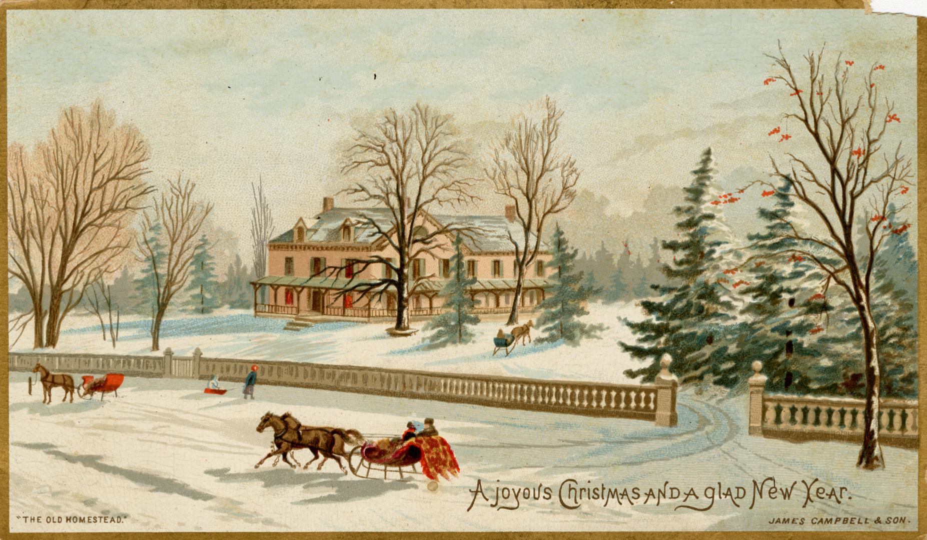 The card pictures various horse-drawn sleighs being pulled through snowy fields near a large co…