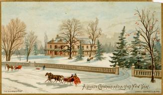 The card pictures various horse-drawn sleighs being pulled through snowy fields near a large co…