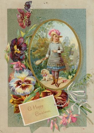 An oval image near the centre of the card pictures a girl wearing a dress and a hat with a larg…